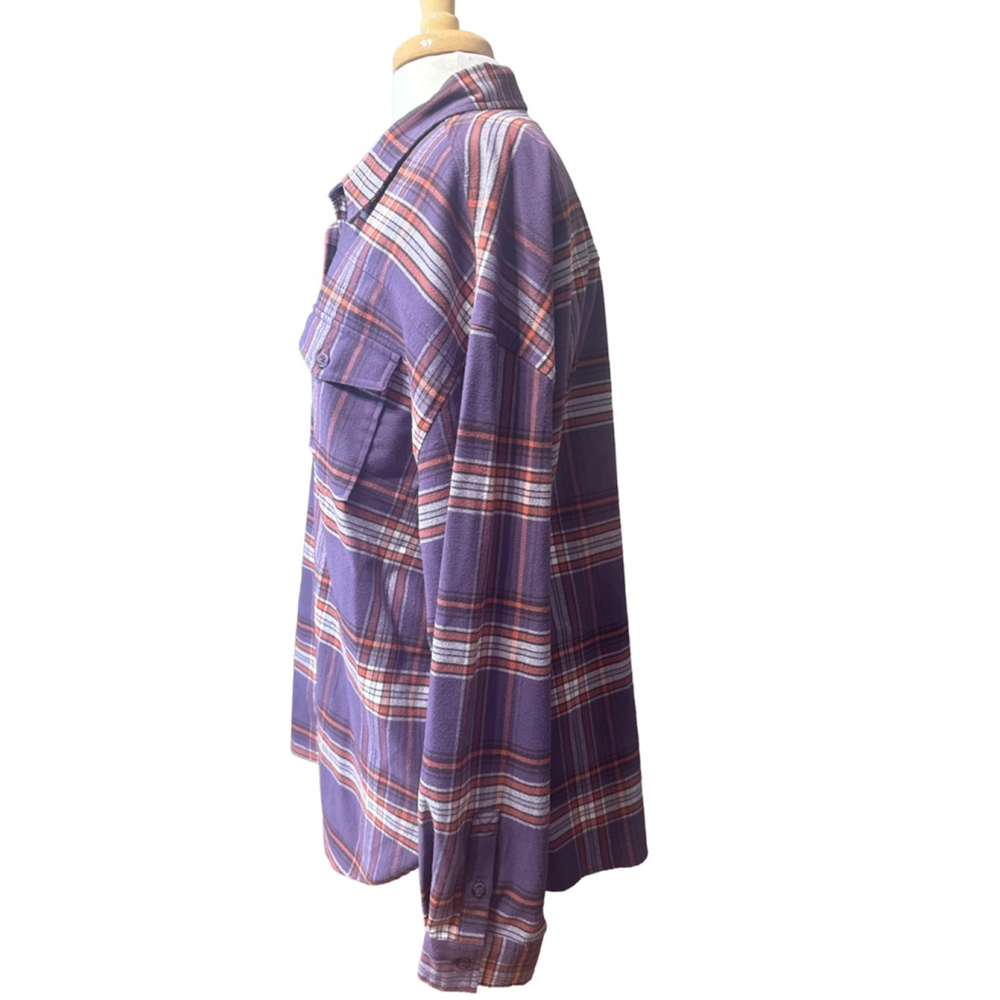 Women's CLEO + WOLF Purple Orange Plaid Flannel Button Down Shirt XL - Picture 2 of 8